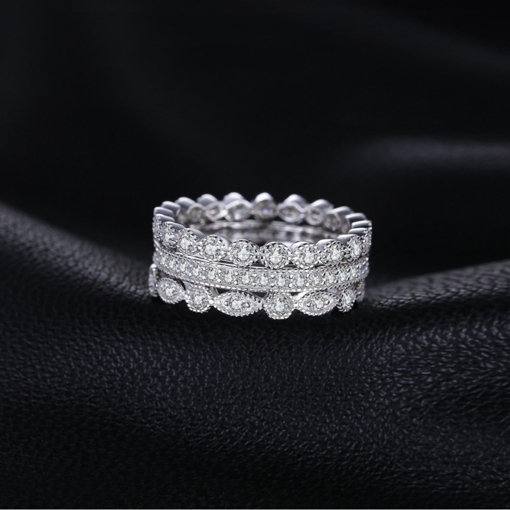 A21. 3 Pcs 2mm Women Stackable Eternity Rings 18K White Gold Plated CZ - Size 9 - Picture 2 of 4
